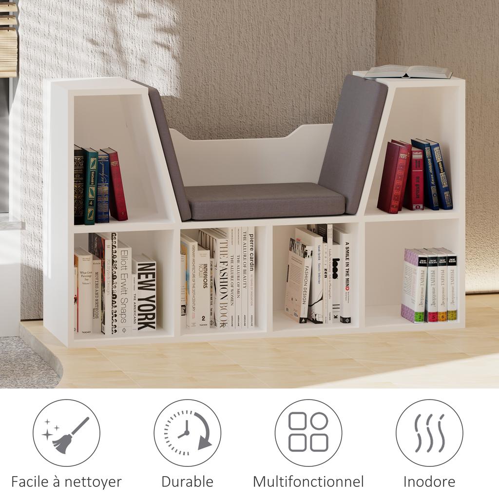 2-in-1 Bookcase Bench with Seat Cushions, Cube Shelf 6 Open Compartments and 2 Levels