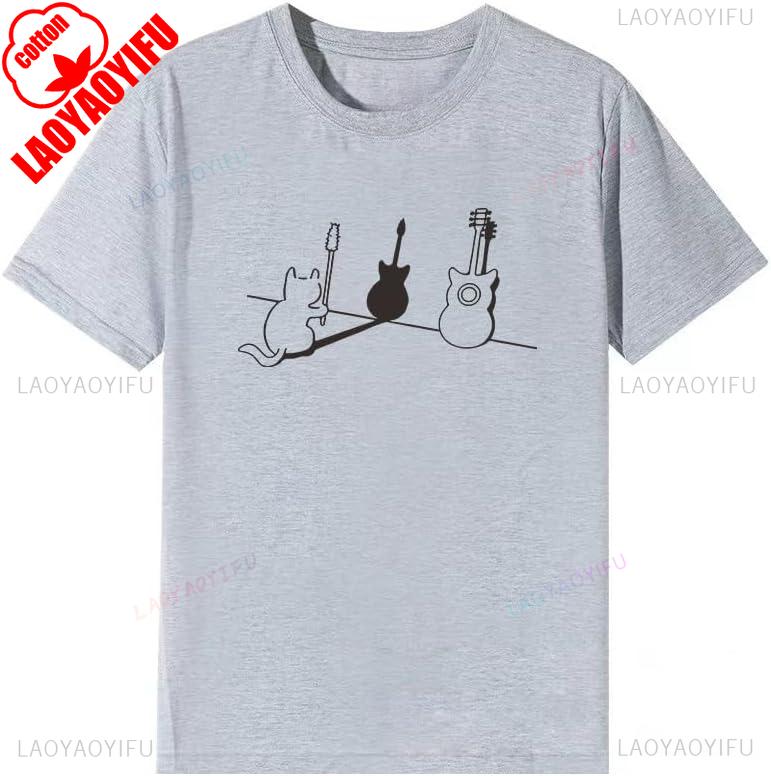 For Work or School Guitar Funny Cute Cat TShirt Mens Womens Short Sleeve Parody Pattern Clothes Birthday Gift Graphic Tshirt