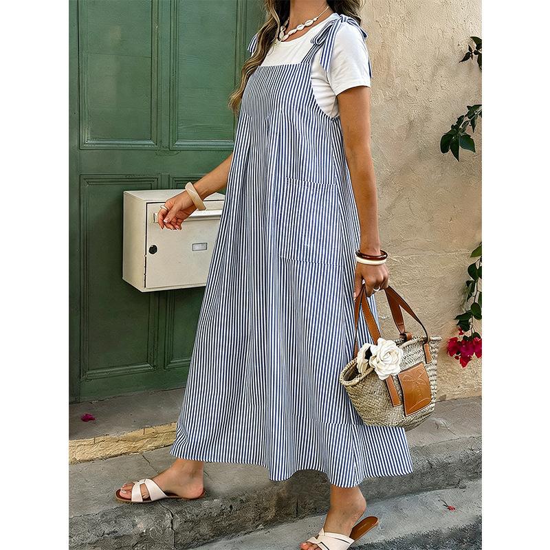 

New Large-sized Relaxed Style Striped Backless Dress - Loose Fit for Slimming, Large-sized Casual Mid-length Backless Dress 4XL синій