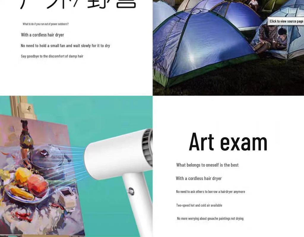 Rechargeable Wireless Hair Dryer for Home, Art Students, Outdoor Use, and Baby Care
