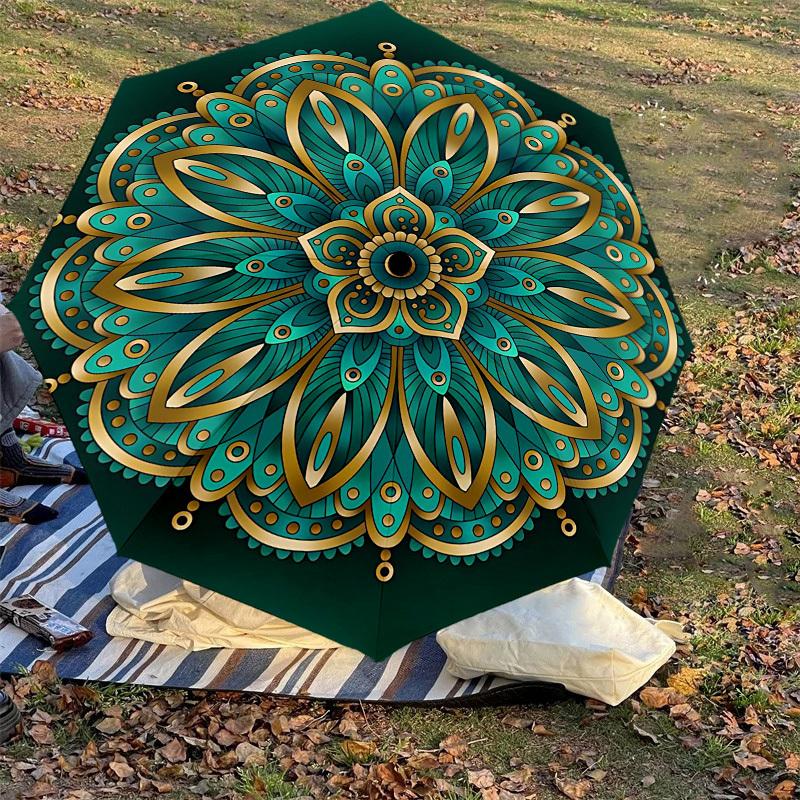 1PC Mandala Pattern Automatic Open/Close Umbrella Compact Folding Umbrella with 8-Rib Shaft lightweight esign, Highquality Fabric1158A