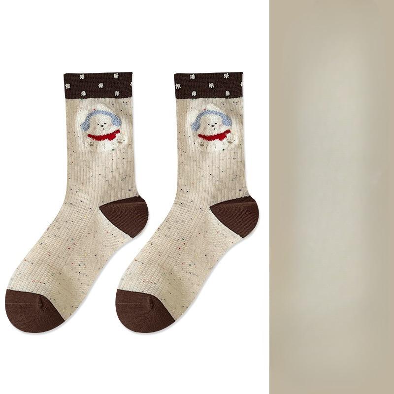 Cute Socks for Women, Mid-calf Socks, Cotton Dot Yarn, Autumn and Winter Style, Little Bear Cartoon Dot Socks