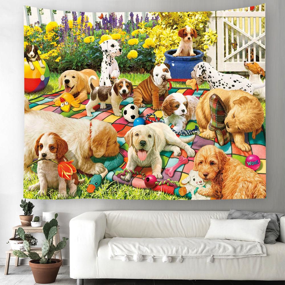 Cartoon Dog Tapestry Kawaii Puppy Wall Hanging Cloth Cute Pet Animal Home Bedroom Living Room Decorative Wall Rug Tapestry