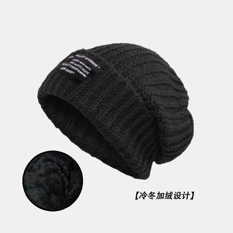 Black hat women's spring and autumn wool hat cold hat big head circumference headgear knitted hat winter warm pile hat men