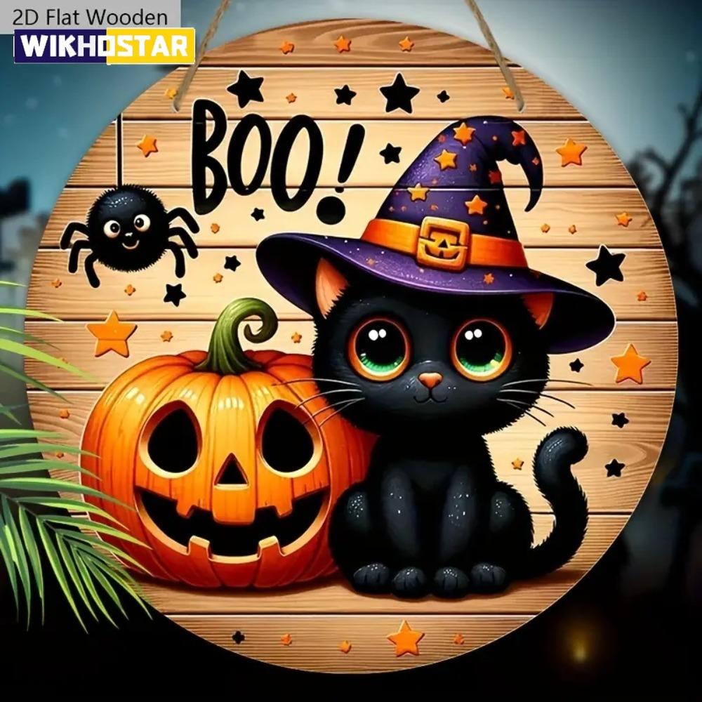 2D Halloween Circular Wooden Sign - Wizard Hat Black Cat and Pumpkin Lantern Pattern, Home, Courtyard, Porch Decoration, Gifts