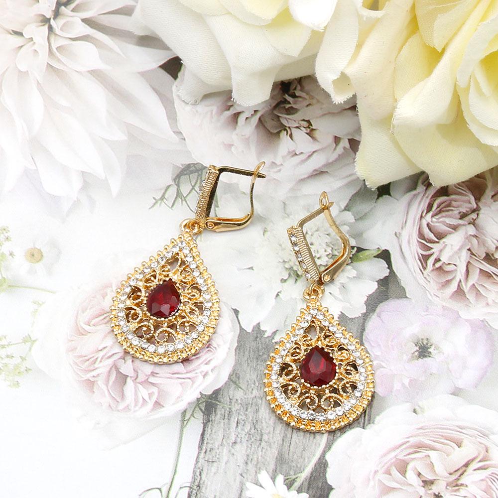 Gold Color Water Drop Dangle Earrings for Women Ethnic Wedding Jewelry Hollow Flower Rhinestone Bridal Gifts