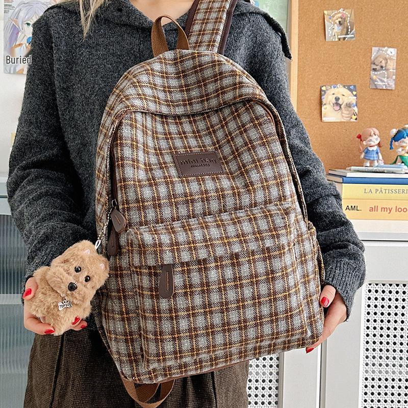 Mori Style Plaid Tweed Backpack: Versatile, Large-Capacity School Bag for Junior High Students