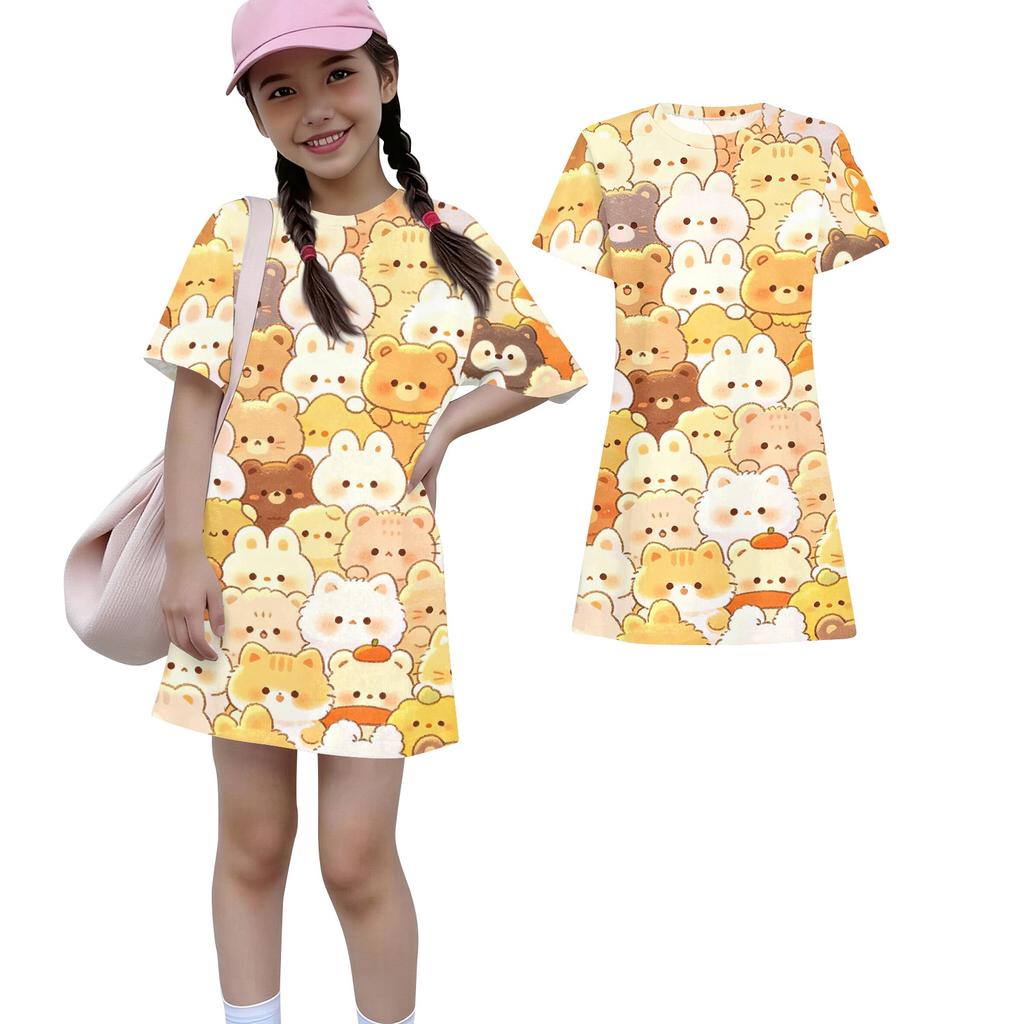 Girls Loose Fit Short Sleeve Dress Lightweight Round Neck Casual Animal Print Summer Dress for Children Comfortable Daily Wear
