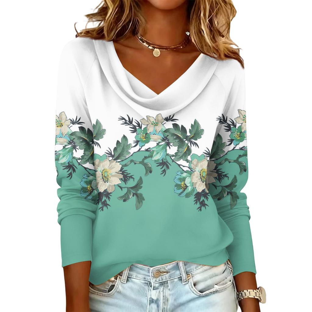 Ladies' Floral Printed Casual And Fashionable Long Sleeved Pullover Top
