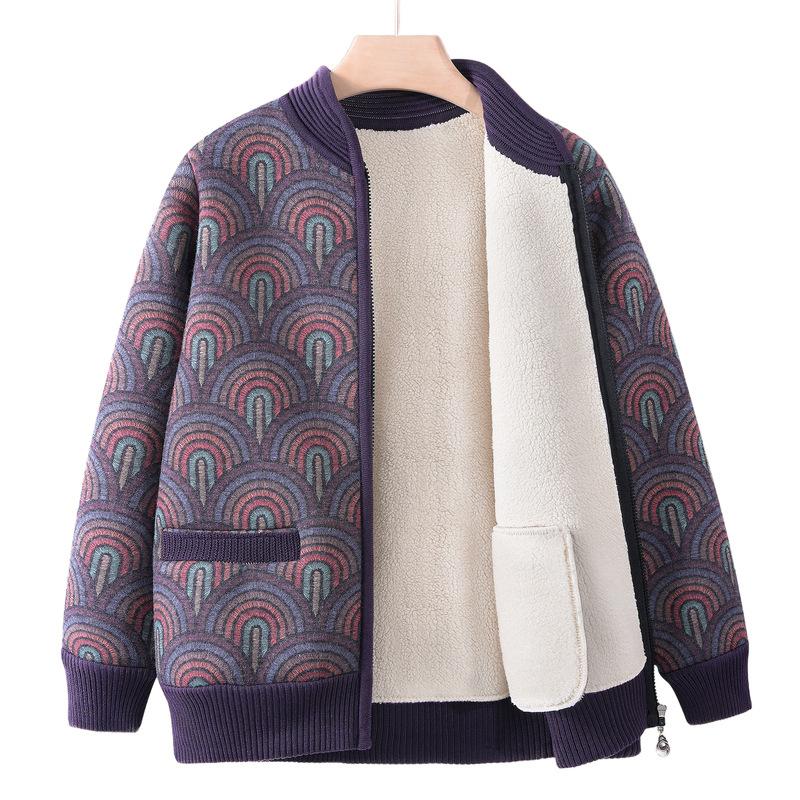 Women's Fleece Lined Cardigan Zipper Front Stand Collar Printed Pattern Thickened Warm Short Jacket Senior Casual Outerwear