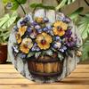2D Flat Shabby Chic Round Tin Wall Art, Vintage Pansies in Metal Barrel Weathered Design
