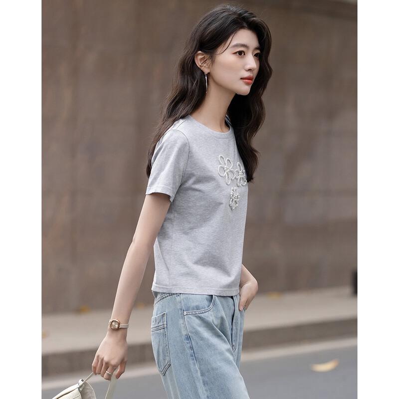 Demana Damen Sommer Perlenblume Kurzarm T-Shirt