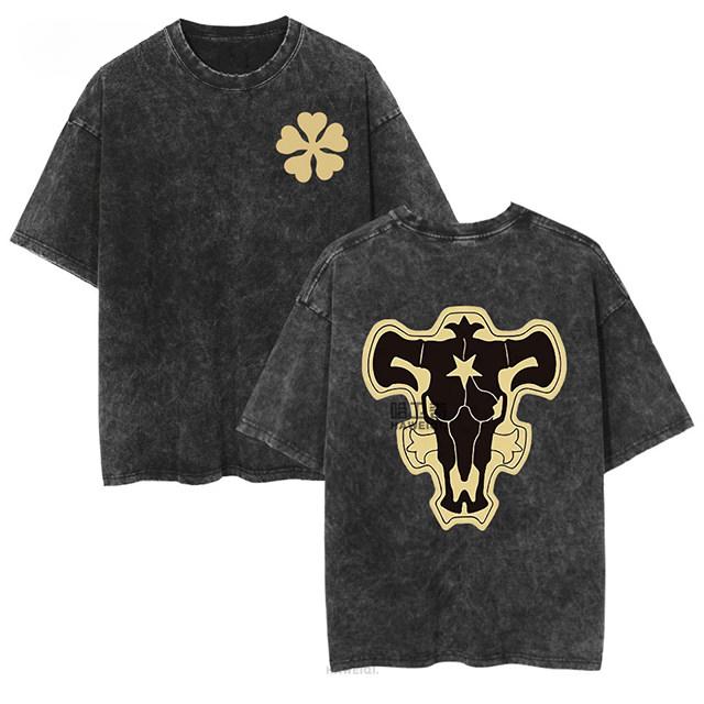 2026 Black Clover Washed Vintage Tshirt Street Hiphop Anime Casual Cotton Summer Short Sleeve