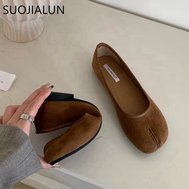 Fashion SUOJIALU 2024 Autumn Women Flat Shoes Fashion Split Toe Slip On Ladies Elegant Baot Shoes Soft Low Heel Outdoor Dress Single Sho