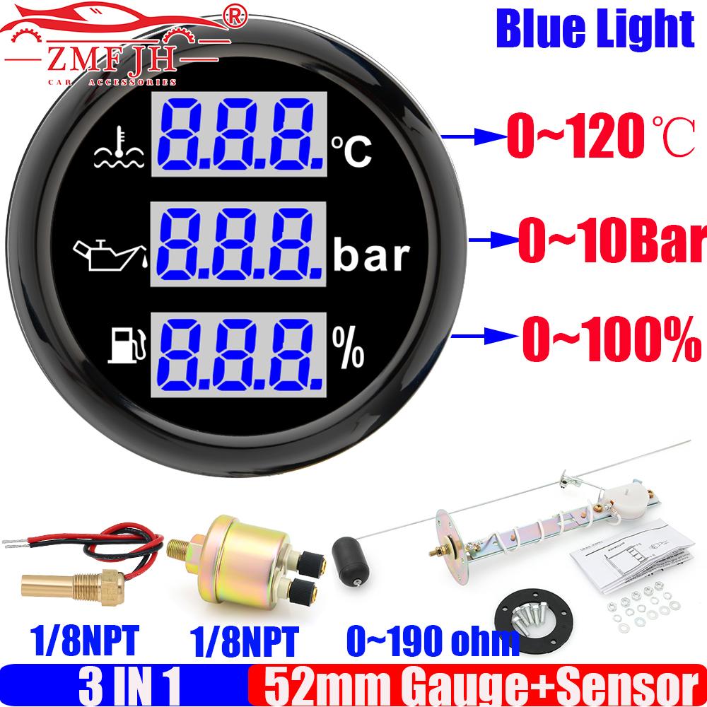 ZMFJH Blue LED Digital 3 IN 1 52MM Water Temperature Gauge+Oil Presssure+Fuel Gauge with Alarm Sensor Set for Car Boat 12V24V