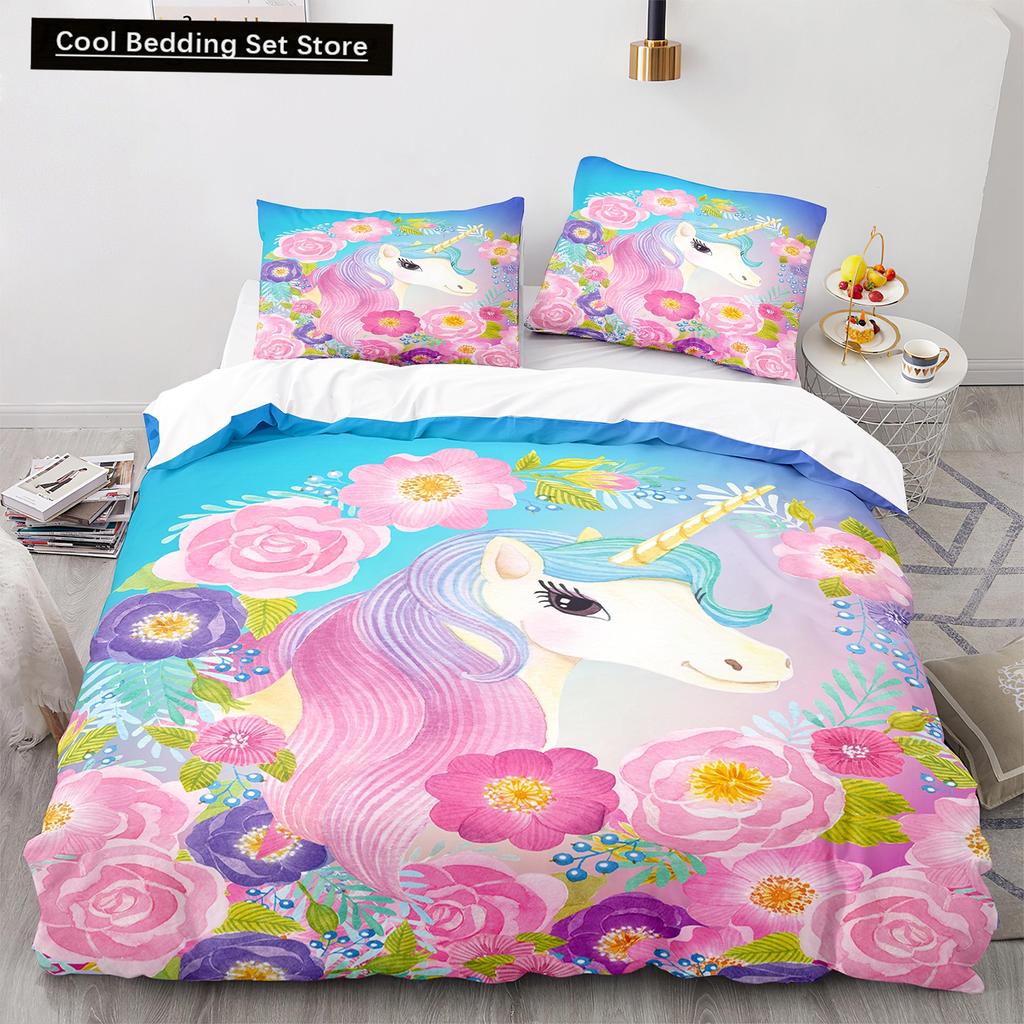 Einhorn-Bettwäsche-Set (King- und Queensize) mit Märchenmotiven und magischen Tieren für Kinder (Jungen und Mädchen) – Sternenuniversum – Polyester-Bettbezug