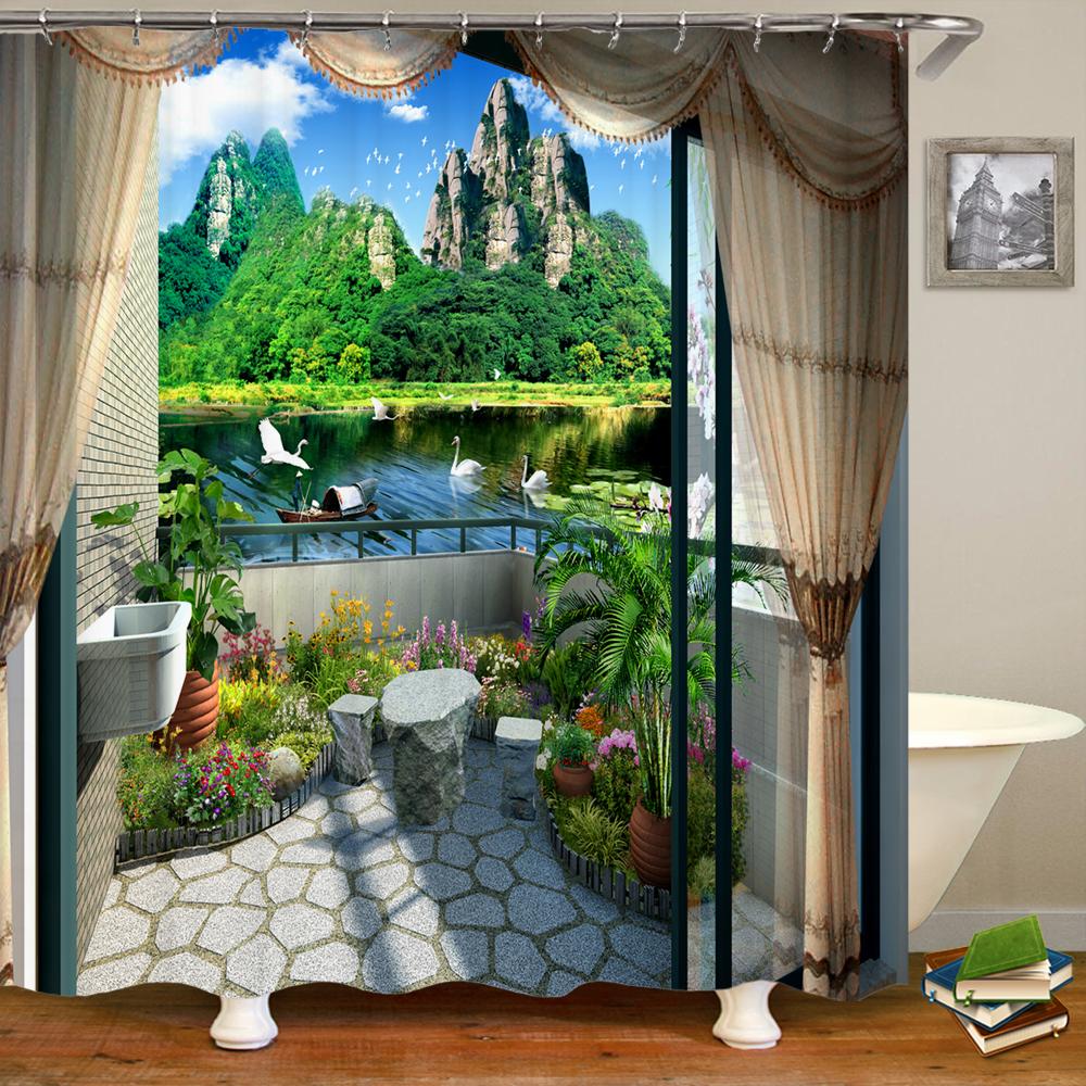 3D window opening scenery window landscape printed shower curtain mildew washable curtain bathroom decoration with hooks curtain