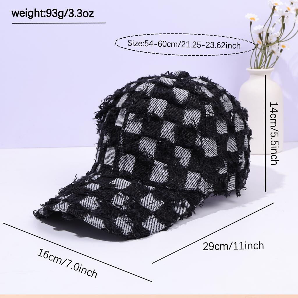 Unisex fringed checkered denim baseball cap with fashionable street shading and casual duckbill cap