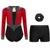 Girls Gymnastics Figure Skating Dance Set 3Pcs: Long Sleeve Keyhole Back Rhinestone Leotard with V-Front Shorts & Hair Band