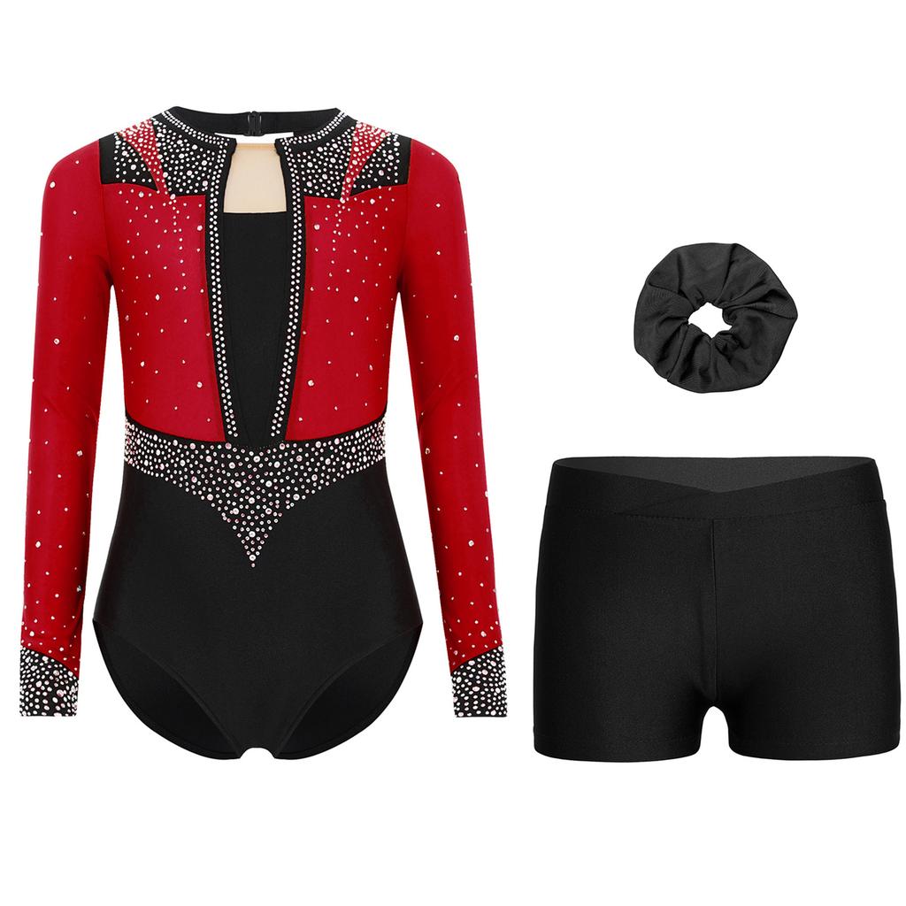 Girls Gymnastics Figure Skating Dance Set 3Pcs: Long Sleeve Keyhole Back Rhinestone Leotard with V-Front Shorts & Hair Band