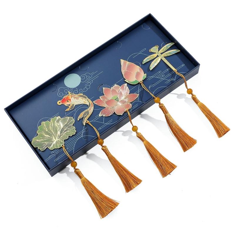5 Pcs Chinese Style Bookmarks Page Markers Reading Bookmarkers Leaf Shape Bookmarks Metal Bookmarks with Tassels