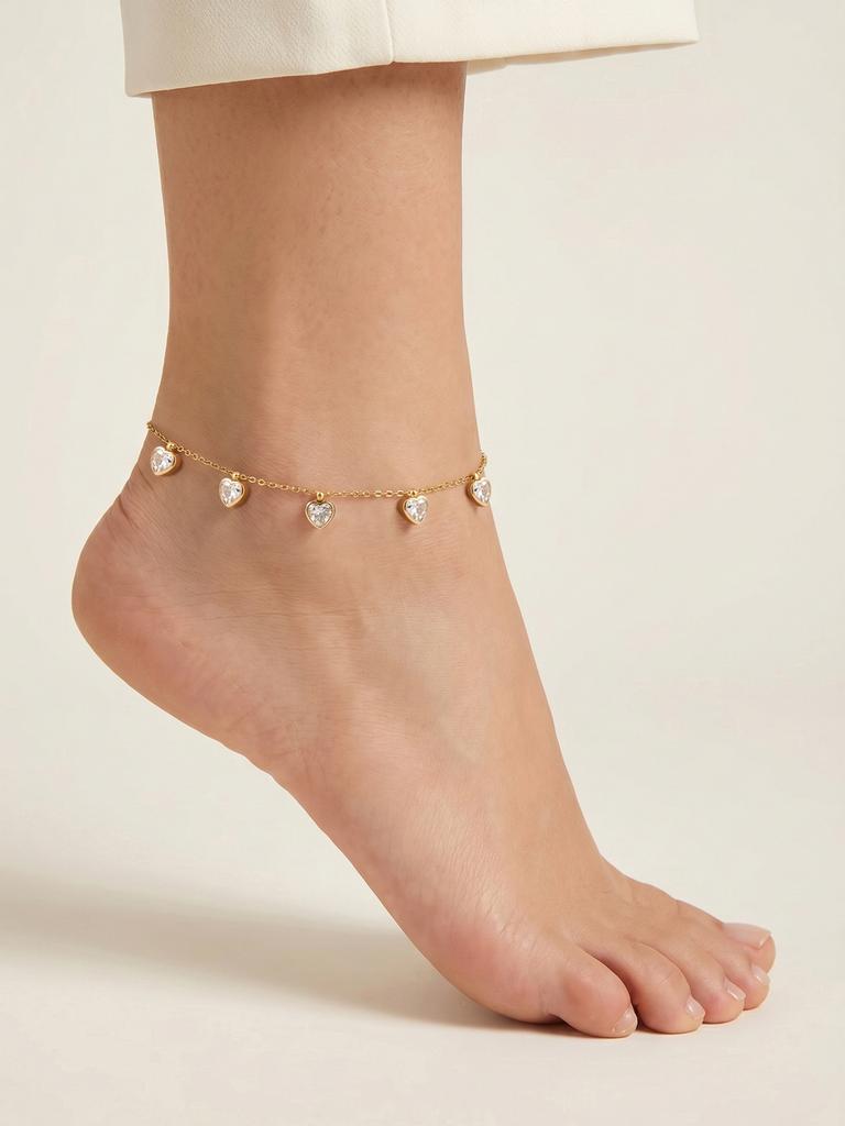 Heart Stainless Steel Anklet Bracelet Waterproof Gold Plated CZ Stone Satellite Chain French Style Jewelry for Women