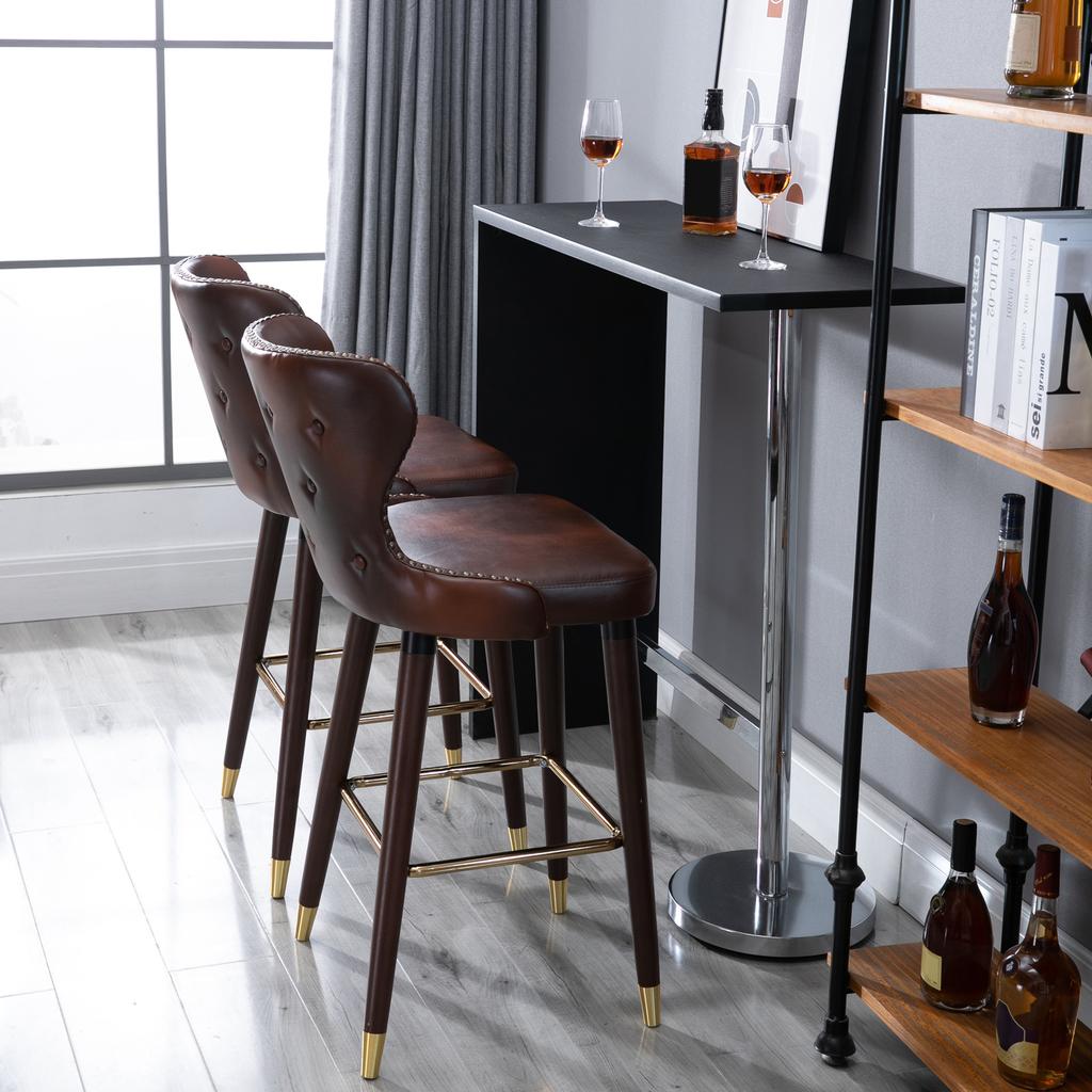 Set da 2 Sgabelli da Bar con Poggiapiedi, Sgabello da Bar con Schienale, Sgabello da Bistrot, Sedia da Pranzo, Sgabello da Bancone, Ecopelle, Marrone, 52 x 53 x 101 cm