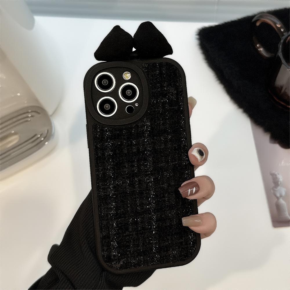 Black Small Fragrance Bow IPhone 16 Apple 13 Mobile Phone Case 15promax Light Luxury 11 Suitable for 11 Velvet 12