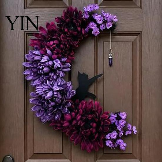 Handmade Artificial Rose Garland Halloween Black Cat Moon Wreath, Gothic Crescent Grapevine Wreath with Party Wall Ornaments Flowers, Spooky
