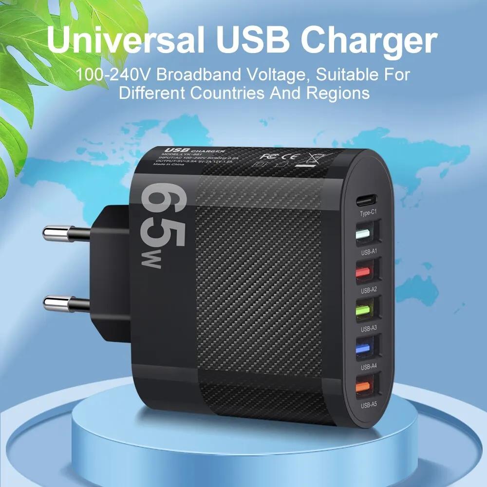 3.1A 6 Ports USB Charger PD Adapter Total 65W For Xiaomi iPhone 15 Samsung S24 Mobile Phone Fast Charging QC 3.0 Wall Charger