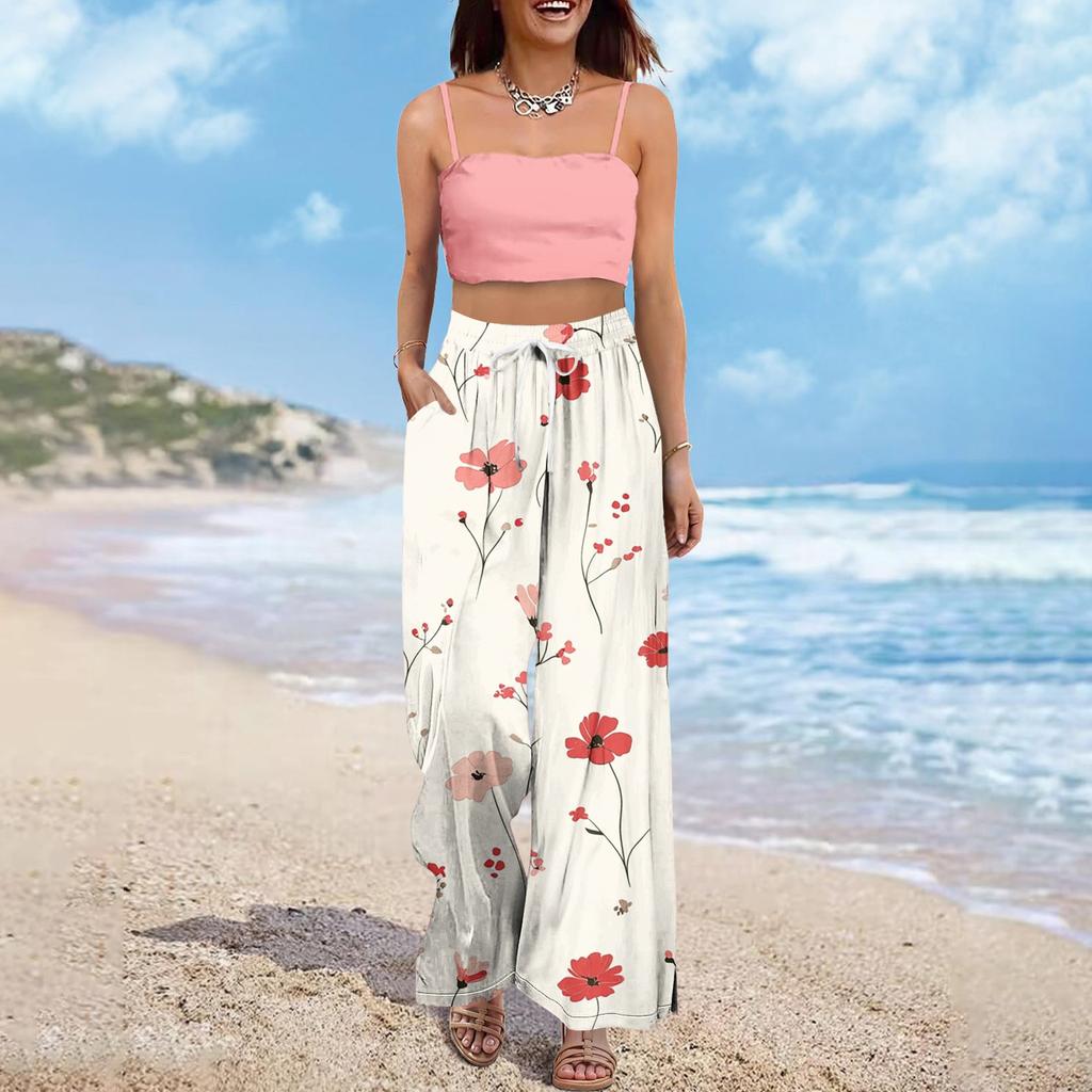 Women's Wide Leg Pants With Elastic Waistband Printing Large Pockets Patchwork Edge, Loose Pants