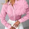 Women Shirt Lapel Long Sleeve Single Breasted Shirt Tops Solid Color Three-Dimensional Flowers Decor Rhinestones Shirt