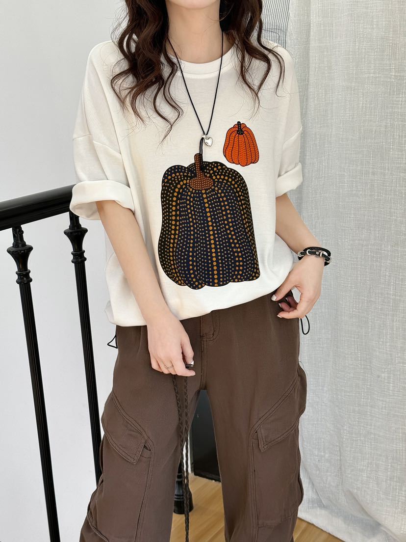 

DIMANAF 2025 Летняя футболка женская с принтом тыквы, короткий рукав, свободная, белая, черная One size белый