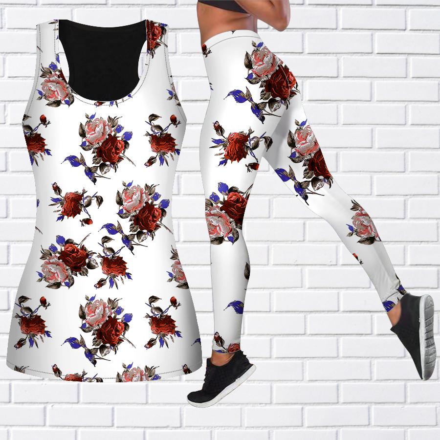 Graues Yoga-Outfit mit Rosendruck für Damen, modische Workout-Leggings, Fitness, Sport, lässige Yoga-Hose