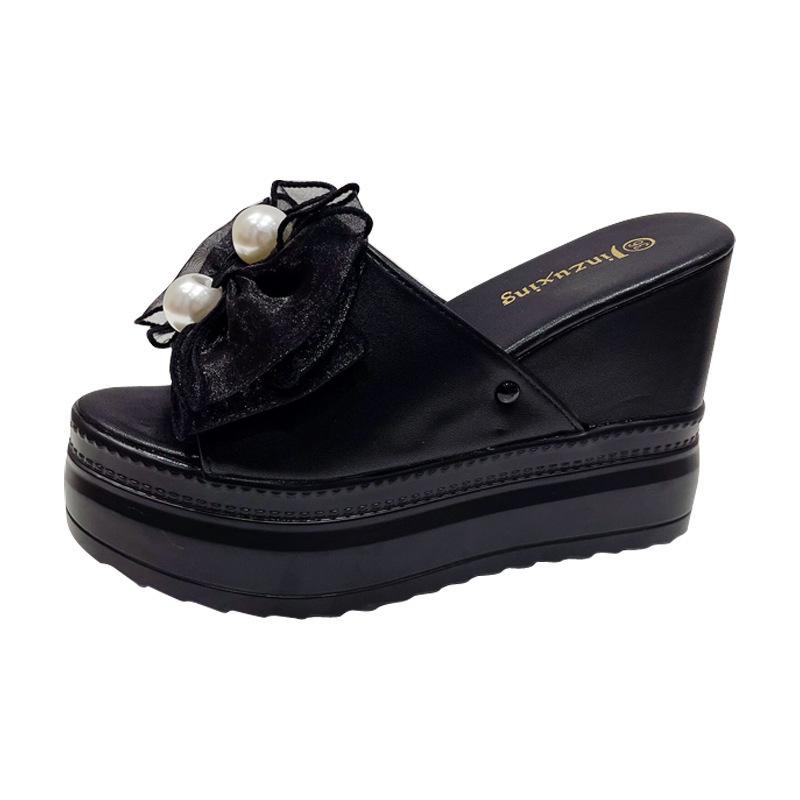 138-32 Slope Heel High Heel Sandals 10CM Waterproof Table Muffin Thick Bottom Bow Pearl White Fish Mouth Slippers Women