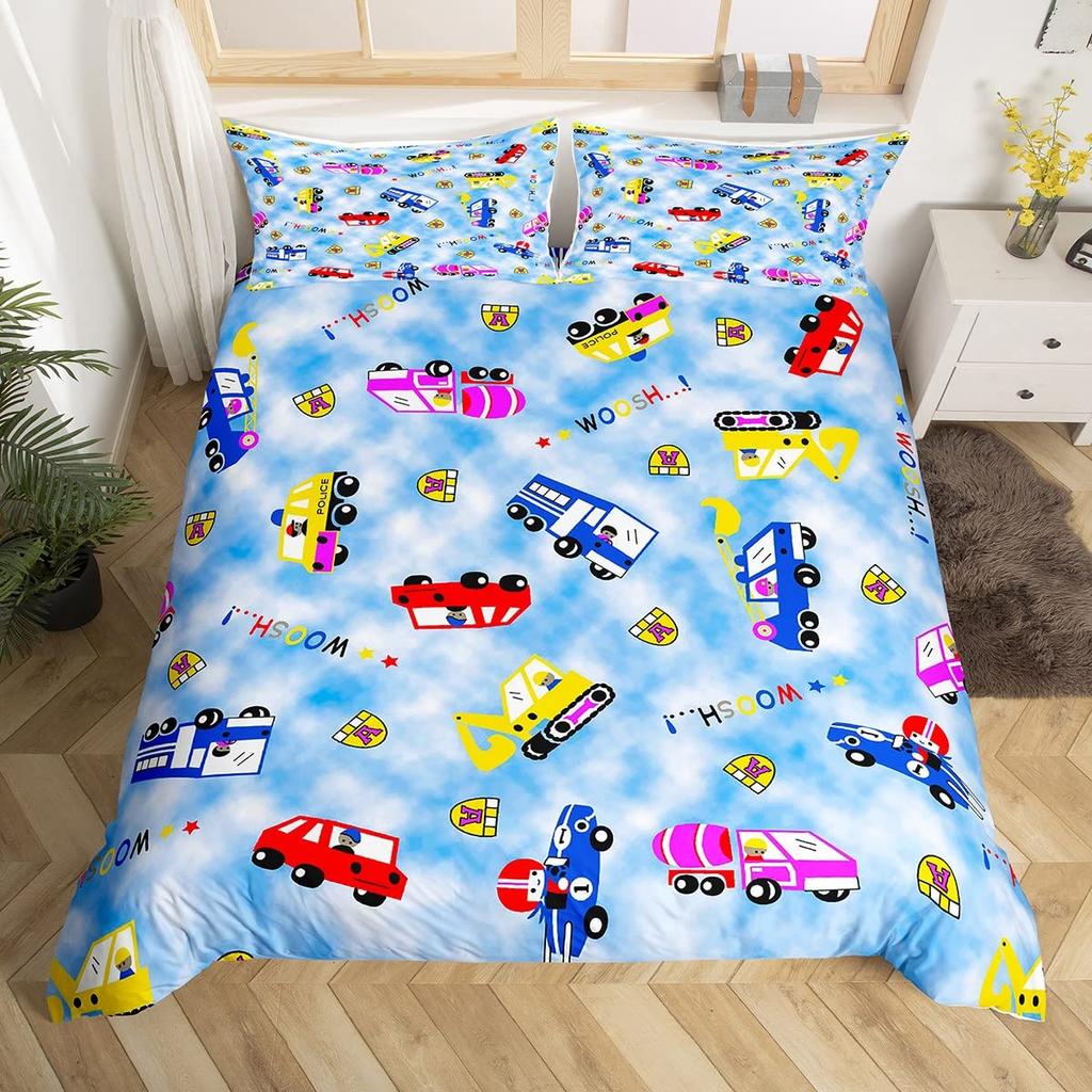 Cartoon Car King Queen Duvet Cover Colorful Transportations Bedding Set Cute Truck Train Sailboat Rocket Polyester Quilt Cover