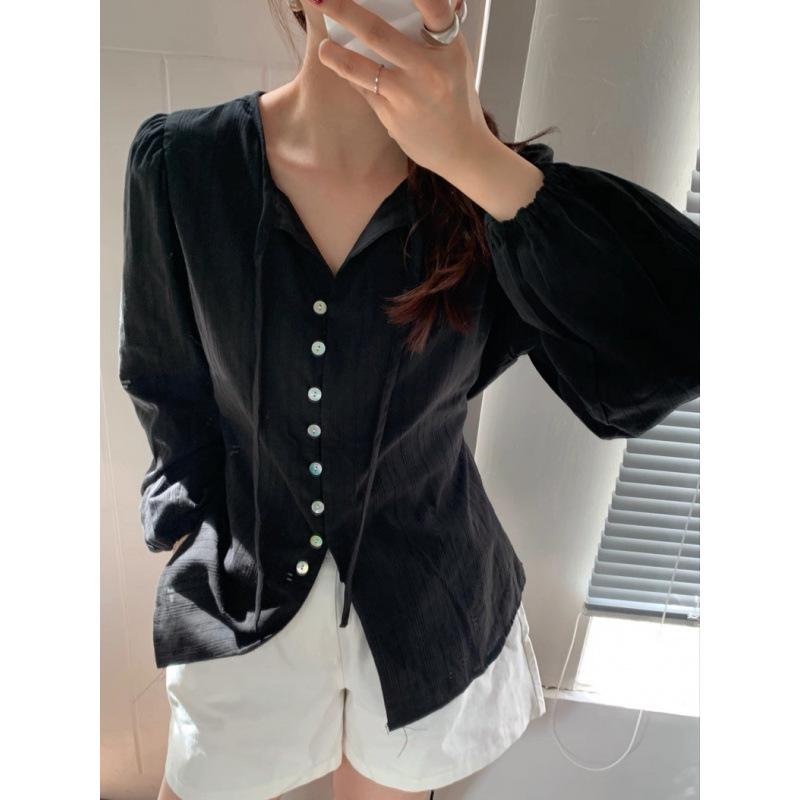 Korean Chic Lace-up Embroidered Dark Pattern Collarless Long Sleeve Shirt for Women