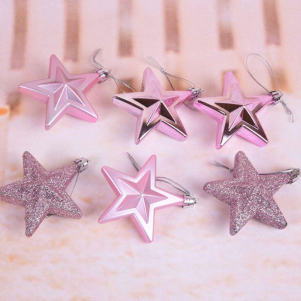 6Pcs/Set 7cm Christmas Tree Ornaments Plastic Glitter Mini Christmas Tree Five-pointed Star 6 Colors Xmas Hanging Ornaments