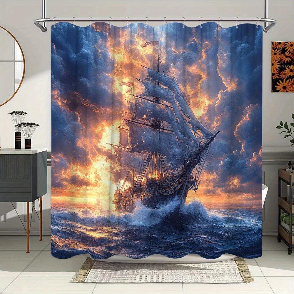 1pc Sunset Sailing Shower Curtain - Three-Masted Ship at Golden Hour with Dramatic Pink Purple Clouds & Turbulent Waves