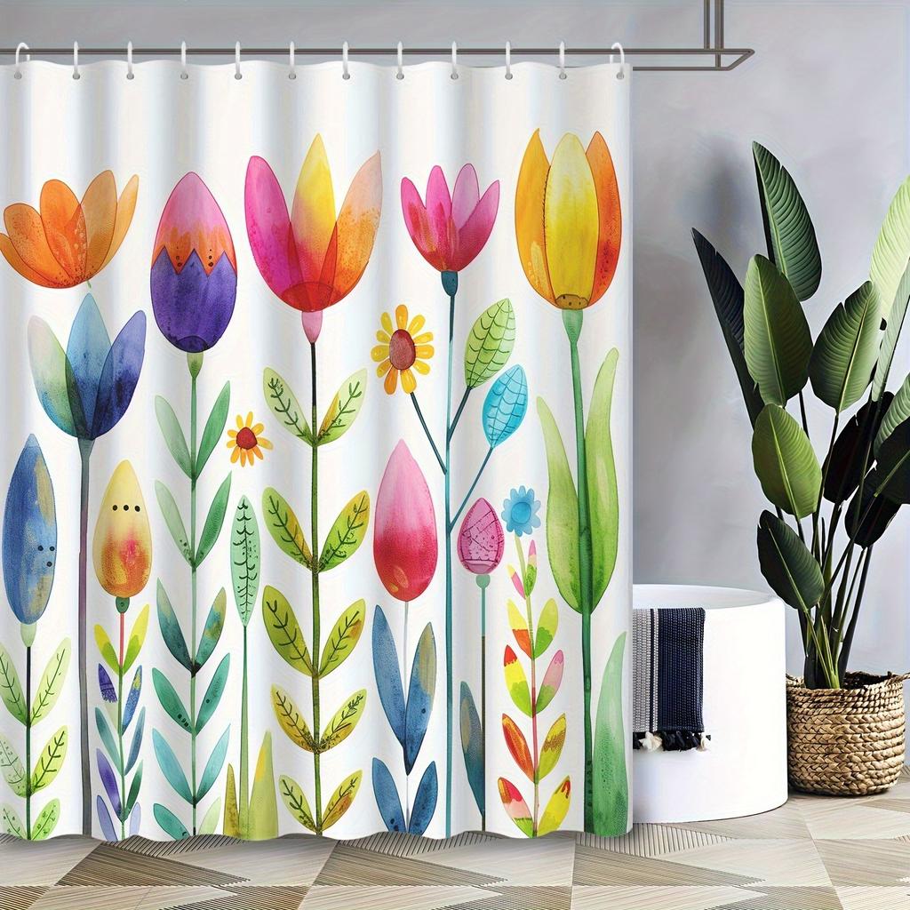 Cortina de Ducha de Flor de Tulipán de Dibujos Animados Abstractos Lavable Resistente a la Suciedad Cabezal de Ducha Impermeable Cortina de Baño de Poliéster