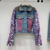 Autumn New Heavy Industry Beaded Powder Sequined Denim Jacket Women's Small Short Top Design Jacket