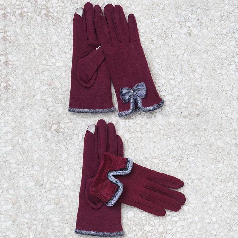 WTEMPO 1 Pair Elegant Plush Velvet Touch Screen Ladies Gloves Solid Color Warm Comfortable Bow Gloves Mature Outdoor Cycling Full Finger Gloves
