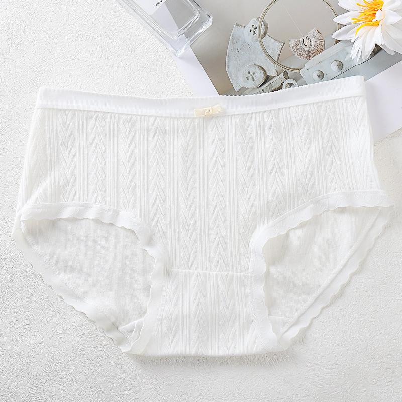 Women's Simple Mid Waist Comfortable Breathable Jacquard Pure Cotton Lace  Briefs Underwear
