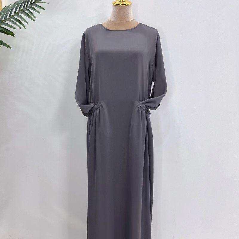 

New 2023 Solid Plus size Robe Loose round Neck Pocket Dress Solid round Neck Neck Dress Dark gray L