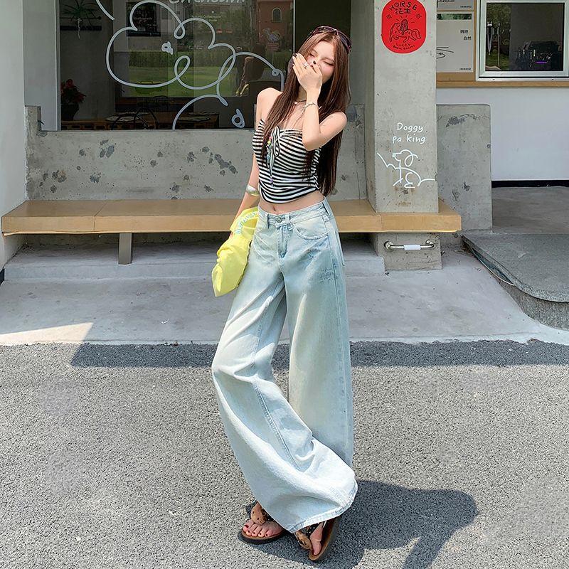 Light-colored low-rise jeans for women's summer and autumn new retro high-end washing water slightly pulled casual long pants