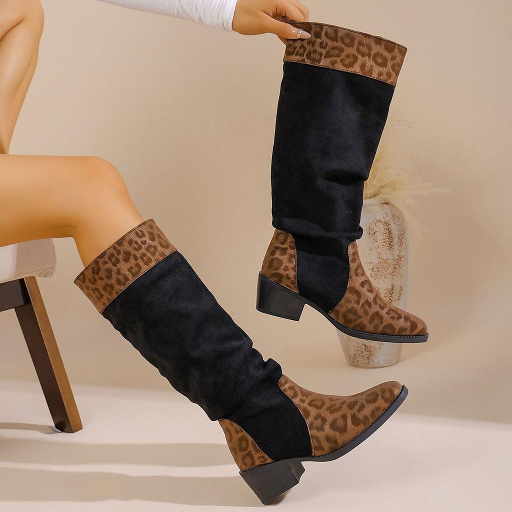 Fashion versatile leopard print Martin boots tall boots autumn and winter new retro round head thick heel boots children