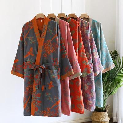 Women's Pure Cotton Yarn-Dyed Kimono Nightgown - Spring/Autumn Mid-Length Retro Bathrobe Pajamas