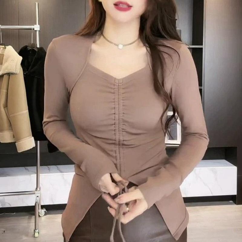 Sexy Drawstring Slim Base Shirt T-shirt for Women with Waist Slim and Pure Versatile V-neck Tops with Small Design