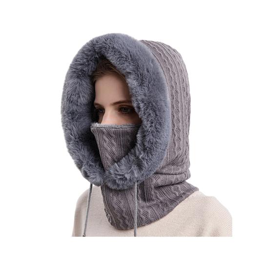 Fleecegefütterte Strickmütze Einfarbig Plüschbesatz Verstellbarer Kordelzug 3-in-1 Mütze Gesichtsschutz Schal-Set Winddicht Ski Snowboard Kaltwetterausrüstung