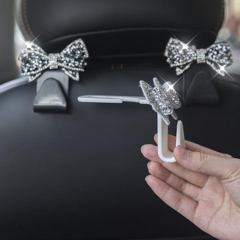 Car Headrest Hooks Shiny Rhinestone Bow Ornament Super Load Bearing Sturdy Universal Auto Hangers for Groceries Handbags Clothes